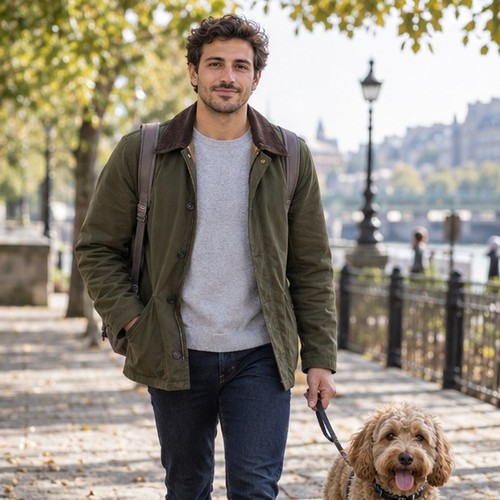 Illustrative man walking his dog